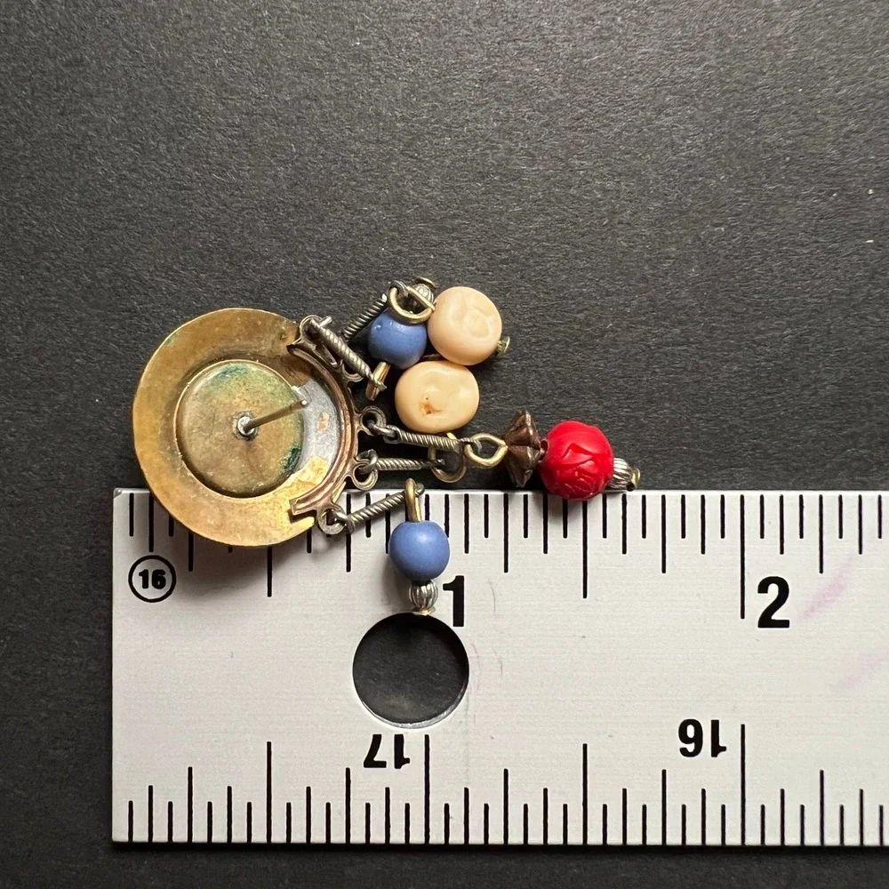 Vintage Boho Earrings Earrings Hammered Brass Red Blue White Beaded